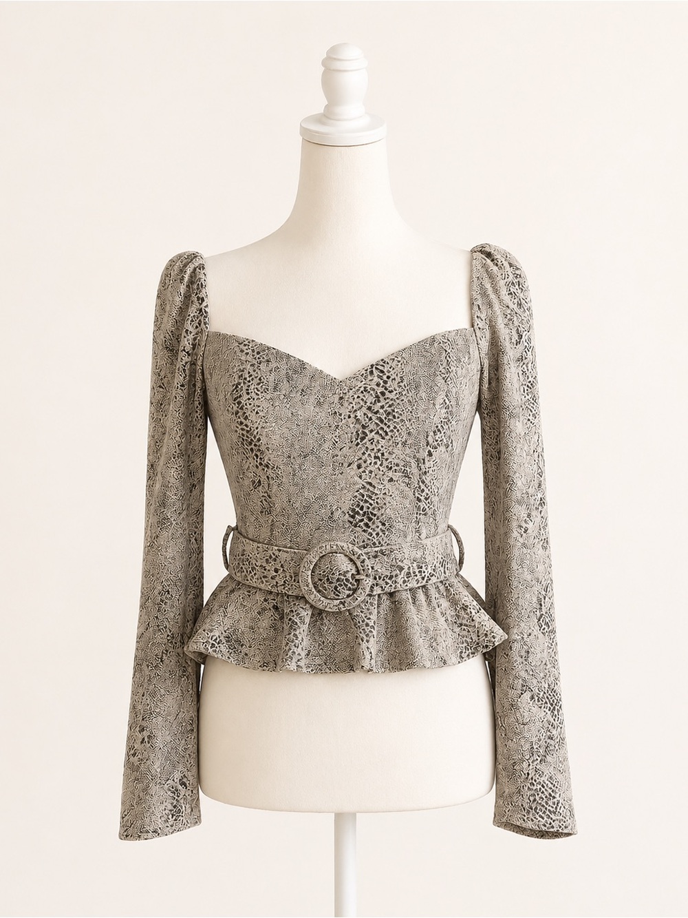 privy Gray Snake-Print Peplum Long-Sleeve Top with Belt